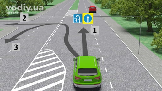 Зелений автомобіль на дорозі, дорожні знаки 5.30 «Зона для розвороту» та тимчасовий 4.1 «Рух прямо», траєкторії руху на перехресті.