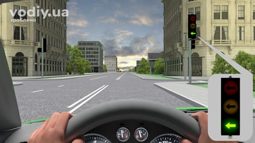 Вигляд з місця водія перед перехрестям, зелений сигнал світлофора з контурною стрілкою ліворуч, подвійна суцільна лінія посередині дороги.