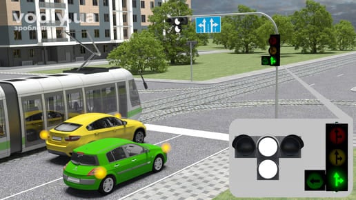 Рух через перехрестя, сигнали світлофора та Т-подібного світлофора для трамвая, дорожній знак 5.16 «Напрямки руху по смугах»