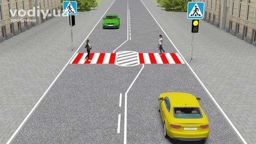 Дорожні знаки 5.38.1, 5.38.2 «Пішохідний перехід», жовтий миготливий сигнал світлофора, пішоходи на переході та острівець безпеки.