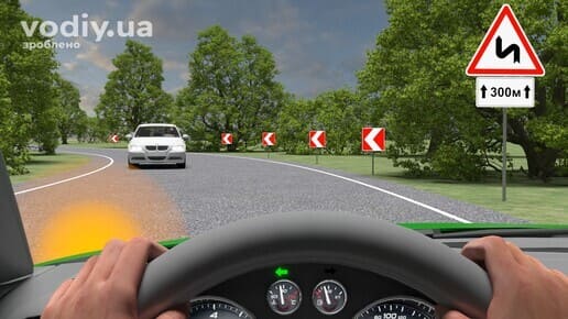 Розворот на дорозі з обмеженою оглядовістю, дорожні знаки: 1.3.1 «Декілька поворотів», 7.2.1 «Зона дії», 1.4.1 «Напрямок повороту»