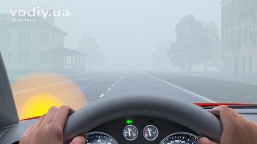 Розворот в умовах недостатньої видимості дороги, туман та увімкнений покажчик повороту автомобіля