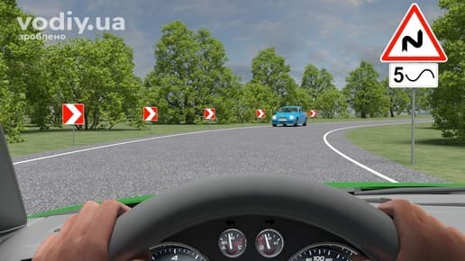 Дорожні знаки: 1.3.1 «Декілька поворотів», 7.10 «Кількість поворотів», 1.4.1 «Напрямок повороту». Небезпечні повороти на дорозі.