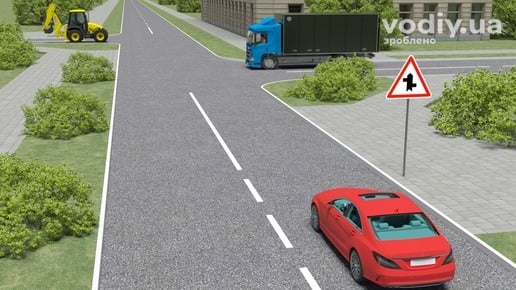 Дорожній знак 1.23.3 «Прилягання другорядної дороги», червоний автомобіль, вантажівка та трактор на перехрестях поза населеним пунктом.