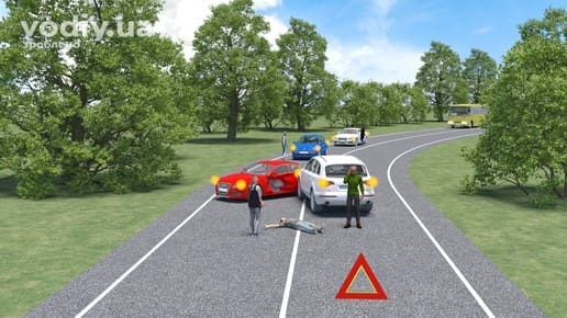 Зіткнення двох автомобілів на дорозі, знак аварійної зупинки, потерпілий на асфальті та ввімкнена аварійна світлова сигналізація.