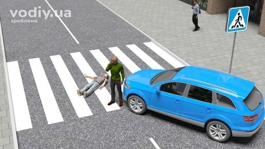 Дорожній знак 5.38.1 «Пішохідний перехід», синій автомобіль та потерпілий на пішохідному переході, водій викликає допомогу по телефону.