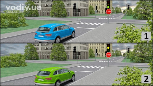 Дорожній знак 2.2 «Проїзд без зупинки заборонено», зелений сигнал світлофора та жовтий миготливий сигнал, розмітка 1.12 (стоп-лінія) на перехресті.