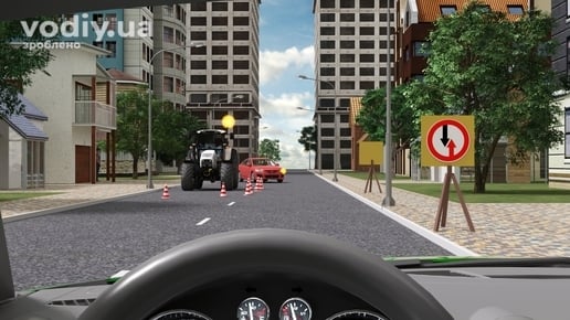 Дорожній знак 2.5 «Перевага зустрічного руху», трактор та червоний автомобіль на вузькій ділянці дороги з конусами, роз'їзд транспортних засобів.