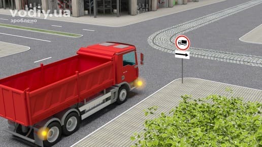 Дорожні знаки: 3.3 «Рух вантажних автомобілів заборонено», 7.3.1 «Напрямок дії». Поворот вантажівки праворуч на перехресті.