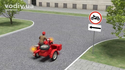 Дорожні знаки 3.6 «Рух мотоциклів заборонено» та 7.3.2 «Напрямок дії», поворот мотоцикла ліворуч у зону дії знака.