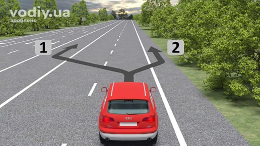 Червоний автомобіль на дорозі, розмітка 1.2 позначає край проїзної частини та розділювальну смугу, варіанти зупинки на узбіччі або біля розділювача.