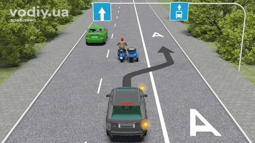 Дорожні знаки 5.18, 5.11, розмітка 1.27, легковий автомобіль з увімкненим правим покажчиком повороту перед смугою для маршрутних транспортних засобів.