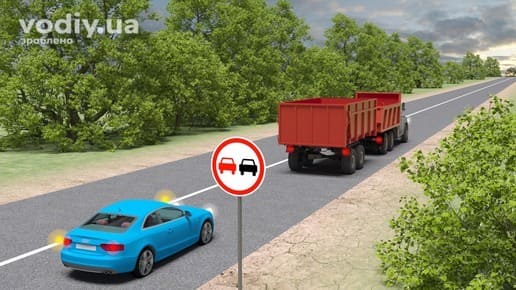 Дорожній знак 3.25 «Обгін заборонено», розмітка 1.1, легковий автомобіль з увімкненим покажчиком повороту та вантажівка з причепом на дорозі.