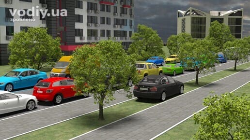 Стоянка чорного автомобіля на газоні в житловій зоні