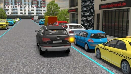 Чорний автомобіль зупинився другим рядом біля припаркованих машин на дорозі в місті, правила зупинки та стоянки транспортних засобів.