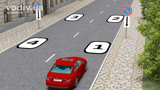 Дорожні знаки 3.35 «Стоянку заборонено» з табличками 7.2.3 «Зона дії», вибір місця для стоянки на дорозі з одностороннім рухом