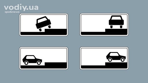 Дорожні таблички: 7.6.2, 7.6.3, 7.6.4, 7.6.6 «Спосіб поставлення транспортного засобу на стоянку». Правила паркування на тротуарі та біля краю бордюру.