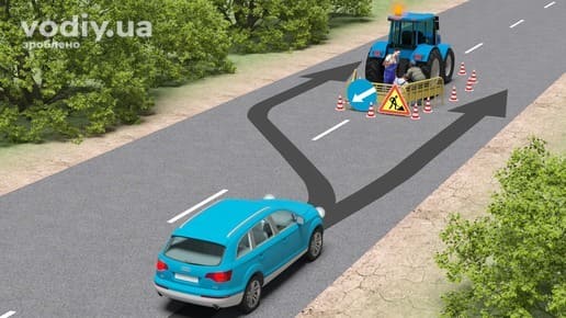 Дорожні знаки: 4.8 «Об’їзд перешкоди з лівого боку», 1.37 «Дорожні роботи». Об'їзд трактора та місця проведення ремонтних робіт на дорозі.