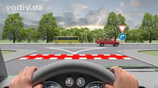 Дорожні знаки 2.1 «Дати дорогу», 4.2 «Рух праворуч» перед Т-подібним перехрестям, червоно-біла розмітка пішохідного переходу, автобус та легкове авто.