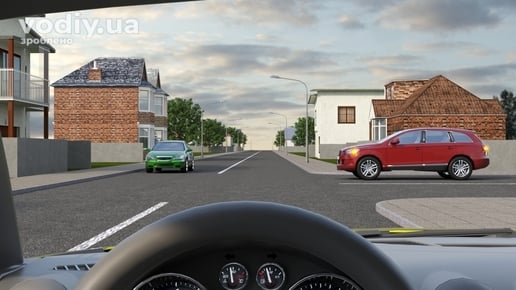 Червоний та зелений автомобілі на нерегульованому перехресті рівнозначних доріг, черговість проїзду за правилом правої руки.