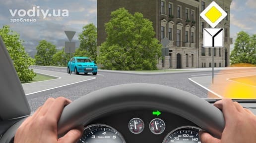 Черговість проїзду перехрестя, дорожні знаки 2.3 «Головна дорога» та 7.8 «Напрямок головної дороги», поворот праворуч із ввімкненим покажчиком повороту