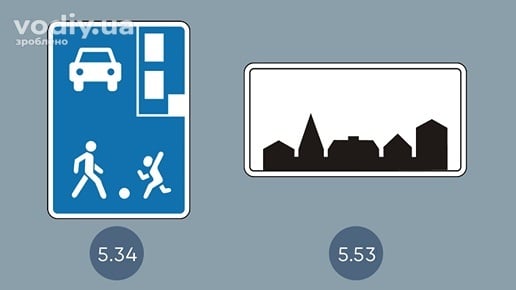 Дорожні знаки: 5.34 «Житлова зона», 5.53 «Початок забудови населеного пункту». Визначення житлової зони в ПДР України.