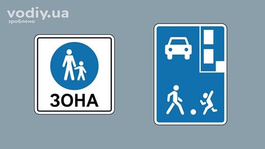 Дорожні знаки: 5.36 «Пішохідна зона», 5.34 «Житлова зона». Перевага пішоходів під час руху транспортних засобів у житлових та пішохідних зонах.