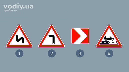 Дорожні знаки: 1.3.2 «Декілька поворотів», 1.2 «Небезпечний поворот ліворуч», 1.4.6 «Напрямок повороту», 1.40 «Зміна покриття»