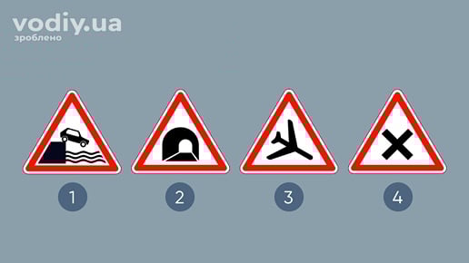 Дорожні знаки: 1.8 «Виїзд на набережну або берег», 1.9 «Тунель», 1.18 «Низьколітаючі літаки», 1.21 «Перехрещення рівнозначних доріг».