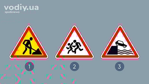 Дорожні знаки: 1.37 «Дорожні роботи», 1.33 «Діти», 1.8 «Виїзд на набережну або берег» на сірому фоні. Повторювані попереджувальні знаки в місті.