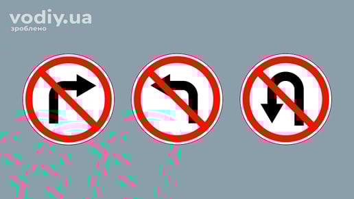 Дорожні знаки: 3.22 «Поворот праворуч заборонено», 3.23 «Поворот ліворуч заборонено», 3.24 «Розворот заборонено». Зона дії заборонних знаків.