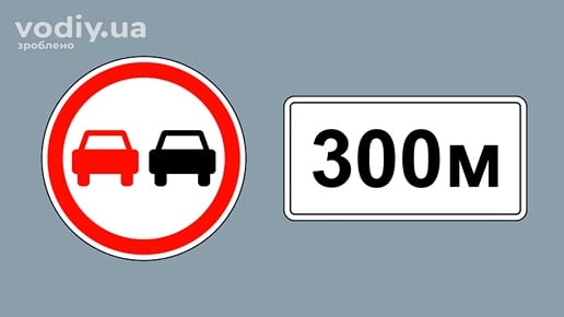 Дорожні знаки: 3.25 «Обгін заборонено», 7.1.1 «Відстань до об’єкта». Коли дозволено обгін після встановлених знаків.