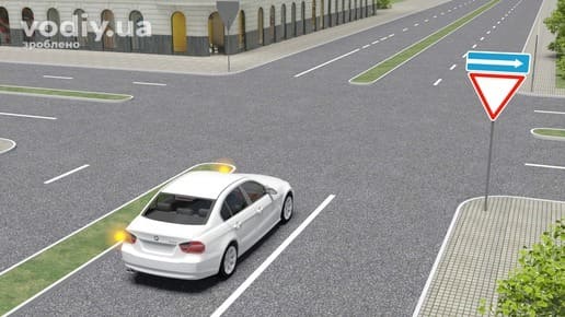 Дорожні знаки: 2.1 «Дати дорогу», 5.7.1 «Виїзд на дорогу з одностороннім рухом». Поворот ліворуч на перехресті з розділювальною смугою.