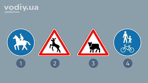 Дорожні знаки: 4.19 «Доріжка для вершників», 1.36 «Дикі тварини», 1.35 «Перегін худоби», 4.17 «Доріжка для пішоходів і велосипедистів»
