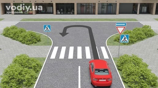 Червоний автомобіль перед перехрестям, дорожні знаки: 2.1 «Дати дорогу», 5.7.1 «Виїзд на дорогу з одностороннім рухом», 5.38.1 «Пішохідний перехід».