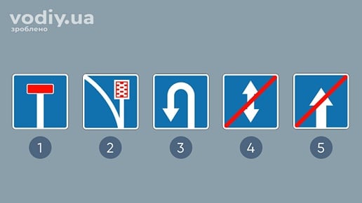 Дорожні знаки: 5.32.1 «Тупик», 5.28 «Смуга руху для аварійної зупинки», 5.29 «Місце для розвороту», 5.14 «Кінець дороги з реверсивним рухом», 5.6 «Кінець дороги з одностороннім рухом».