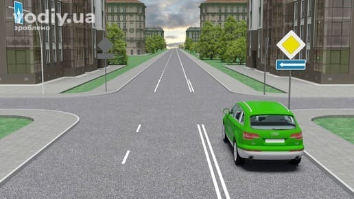 Зелений автомобіль перед перехрестям, дорожні знаки 2.3 «Головна дорога» та 5.7.2 «Виїзд на дорогу з одностороннім рухом».