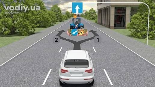 Дорожні знаки 4.8 «Об’їзд перешкоди з лівого боку», 1.37 «Дорожні роботи», 5.5 «Дорога з одностороннім рухом», траєкторії об'їзду трактора на дорозі.