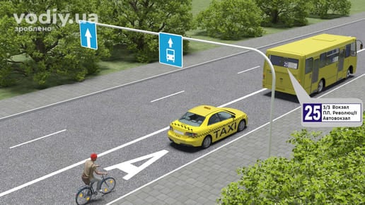 Дорожні знаки 5.18, 5.11, горизонтальна дорожня розмітка 1.1 та 1.24. Хто має право рухатися по смузі для маршрутних транспортних засобів.