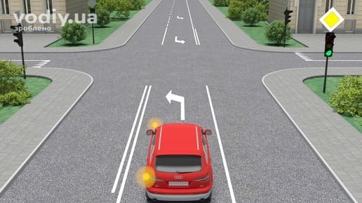 Горизонтальна дорожня розмітка 1.18, червоний автомобіль з увімкненим лівим покажчиком повороту, дорожній знак 2.3, зелений сигнал світлофора.