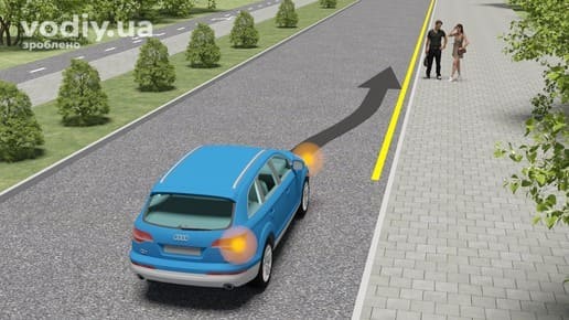 Зупинка автомобіля для посадки пасажирів, горизонтальна дорожня розмітка 1.4 (жовтого кольору) біля краю проїзної частини.