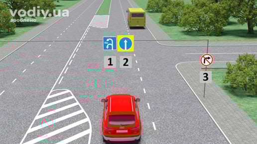 Дорожні знаки: 5.29 «Місце для розвороту», 4.1 «Рух прямо» на жовтому фоні, 3.22 «Поворот праворуч заборонено», червоний автомобіль на дорозі.