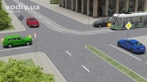 Черговість проїзду нерегульованого перехрестя, дорожні знаки: 2.1 «Дати дорогу», 2.3 «Головна дорога», трамвай та автомобілі на дорозі.