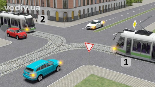 Черговість проїзду нерівнозначного перехрестя, дорожні знаки: 2.1 «Дати дорогу», 2.3 «Головна дорога», трамваї та автомобілі з увімкненими поворотами.