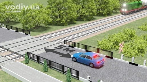 Зупинка автомобіля перед залізничним переїздом, дорожній знак 1.29 «Одноколійна залізниця», відстань до рейки 5 метрів