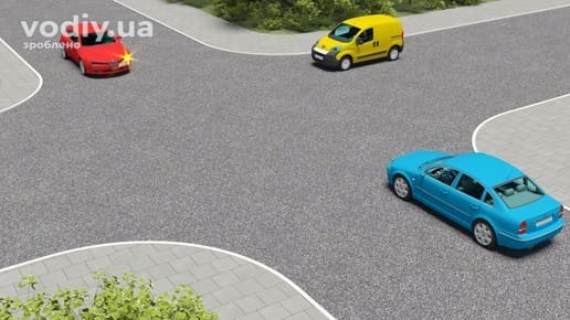 Черговість проїзду нерегульованого перехрестя рівнозначних доріг, правило правої руки, поворот ліворуч червоного автомобіля