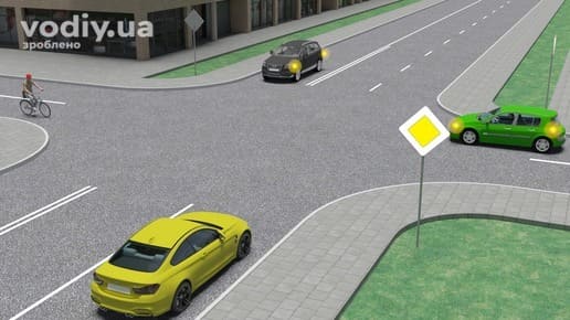 Черговість проїзду нерегульованого перехрестя, дорожній знак 2.3 «Головна дорога», лівий поворот автомобіля та рух велосипедиста прямо.