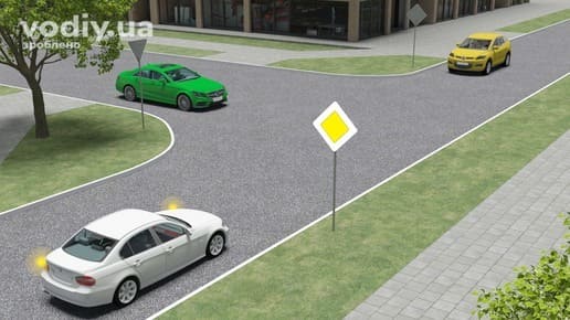 Черговість проїзду нерегульованого перехрестя, дорожній знак 2.3 «Головна дорога», білий автомобіль з увімкненим покажчиком лівого повороту.