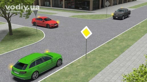 Черговість проїзду нерегульованого перехрестя, дорожній знак 2.3 «Головна дорога», зелений, чорний та червоний автомобілі з увімкненими покажчиками повороту.