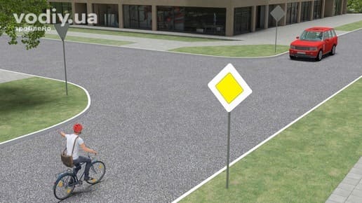 Черговість проїзду нерегульованого перехрестя, дорожній знак 2.3 «Головна дорога», велосипедист повертає ліворуч та зустрічний автомобіль.